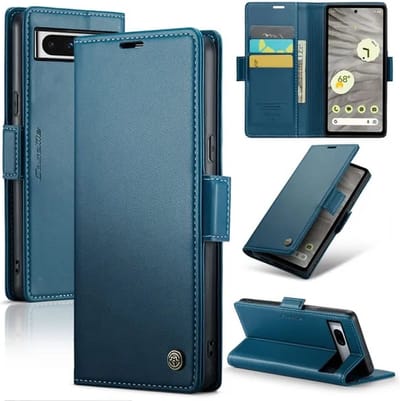 CaseMe Wallet Case met RFID Bescherming en Magneetsluiting + Glas Screenprotector voor Google Pixel 7a _ Blauw