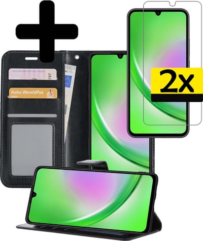 Hoesje - Met 2x Screenprotector - Geschikt voor Samsung Galaxy A34 - Luxe Pasjeshouder - Bookcase Portemonee - Flip Case - Kunstleer Book Case - Flipcase Hoes - Book Cover - Walletcase - Portemonneehoes - Telefoonhoesjes - Zwart