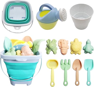 Complete Speelgoedset voor Kinderen voor het Strand - 11 Delige Set met Vouwemmer, Schep, Zandhark en Mallen voor Zandkastelen, Perfect voor Zomerplezier en Buitenactiviteiten