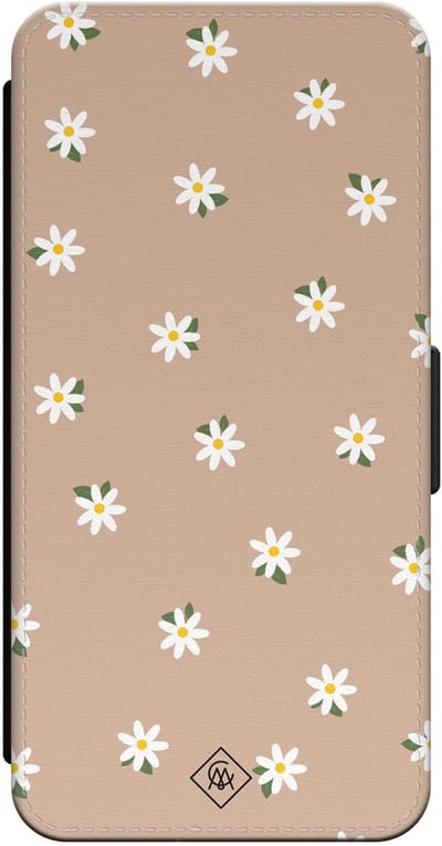 Casimoda® bookcase - Geschikt voor iPhone 16 Pro - Hoesje met pasjeshouder - Sweet Daisies - Bruin/beige - Kunstleer