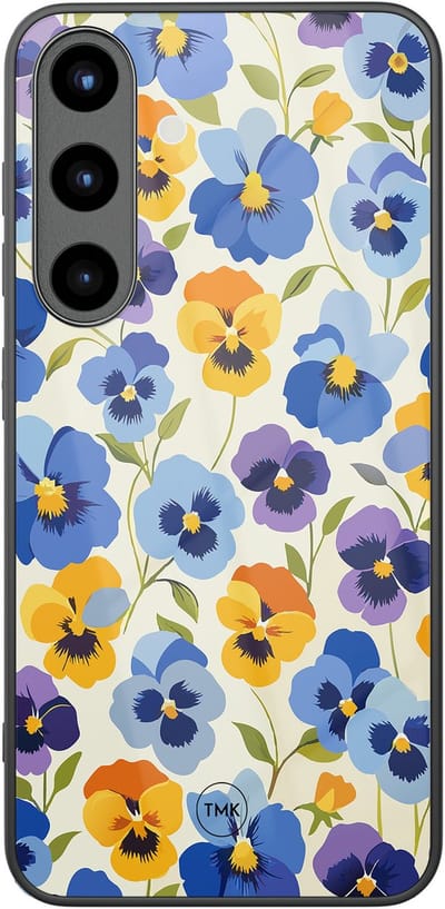 Hoesje geschikt voor Samsung Galaxy S25 - Viooltjesmix bloemen - Multi - TPU luxe case (glossy toplaag) - Bloemen - Hardcase backcover zwart