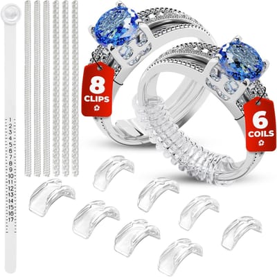 15 Stuks Ringverkleiners - Ring Adjuster - Ring Verkleiner Onzichtbaar - 8 Clip Ringverkleiners en 6 Spiraalvormige Verkleiners - Transparant - Makkelijk Elke Ring Kleiner Maken - Om Een Te Grote Ring Weer Passend Te Maken