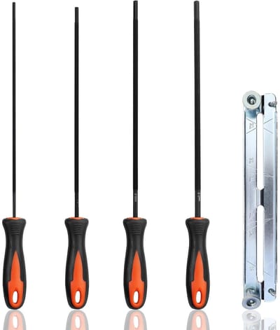 4-delige set vijl voor kettingzaag met handvat en houder, geschikt voor onderhoud, slijpen en precisiewerk, maten 3.2 mm, 4 mm, 4.8 mm, 5.5 mm