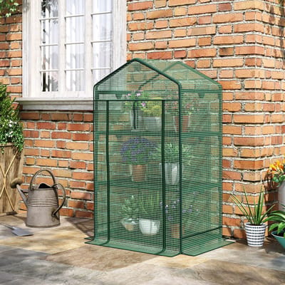 MODFU - Mini Kweekkas - Folieafdekking En 3 Planken - Oprolbare Deur - Metaal - Groen - 69 x 49 x 125 cm