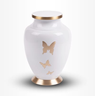 Messing Urn Groot 3,7 liter Wit Goudkleurig Vlinders - Urn voor Menselijke As - Crematie Urn voor As Volwassenen