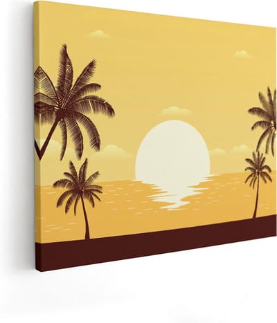 Artaza Canvas Schilderij Zonsondergang Zee - 100x80 cm - Groot - Wanddecoratie Strand - Muurdecoratie Palmbomen - Schilderijen Op Canvas
