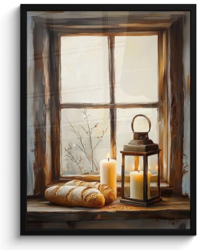 Poster in lijst - Fotolijst 50x70 cm - Posters - Stilleven - Rustiek - Kaarsen - Broden - Raam - Posterlijst zwart - Decoratie - Wanddecoratie woonkamer - Muurdecoratie slaapkamer