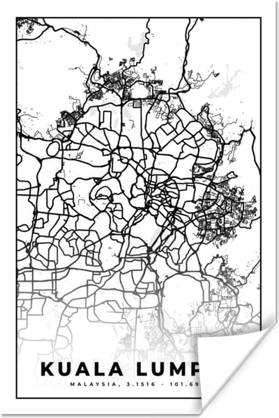 Poster Kuala Lumpur - Kaart - Stadskaart - Plattegrond - Zwart Wit - 120x180 cm XXL