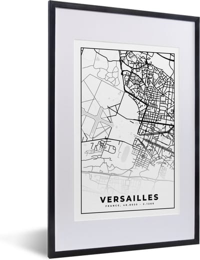 Fotolijst incl. Poster Zwart Wit- Kaart - Stadskaart - Versailles - Frankrijk - Plattegrond - Zwart wit - 40x60 cm - Posterlijst