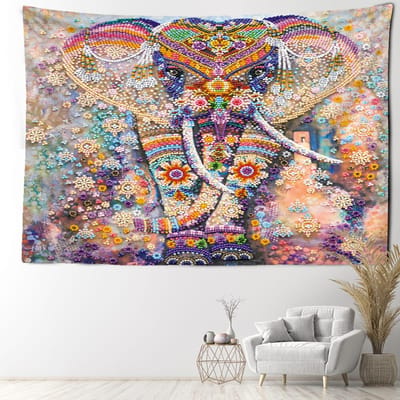 Kleurrijke kralen olifant wandtapijt wanddecoratie kunst abstract schilderij bohemian slaapkamer woonkamer woondecoratie 95x70CM