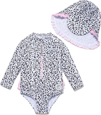 Badpak voor Baby Meisje Eén Stuk UPF 50+ UV Rashguard met Rits patroon in zwart-witte stippen Maat 86 - 92 cm (18-24 M)