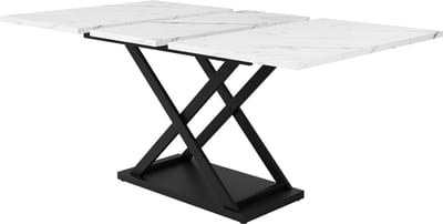 Eettafel Uitschuifbaar - 120-160 x 80 cm - Keukentafel Met Gekruiste Poten - Marmerlook - MDF En Metaal - Wit