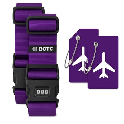 BOTC Kofferriem met Cijfer Slot - 4 stuks - 2 Kofferriem met cijferslot + 2 bagagelabels - 200 cm * 5 cm - Bagage Riem - Bagageband - Verstelbaar - Paars