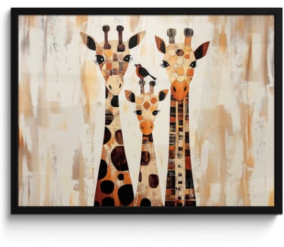 Poster in lijst - Fotolijst 70x50 cm - Posters - Giraffen - Cartoon - Crème - Posterlijst zwart - Decoratie - Wanddecoratie woonkamer - Muurdecoratie slaapkamer
