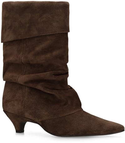 Manfield - Dames - Bruine suède slouchy enkellaarsjes met hak - Maat 39