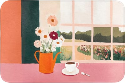 Badmat 90x60 cm - Antislip - Bloemen - Koffie - Raam - Badmatten voor badkamer - Badkamermat - Douchemat - Badkamer mat