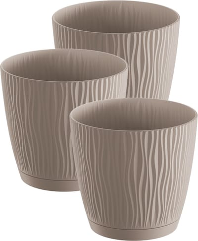 Prosperplast Plantenpot/bloempot Waves - 3x stuks - kunststof - taupe - D24 x H23 cm - binnen/buiten - met opvangschaal