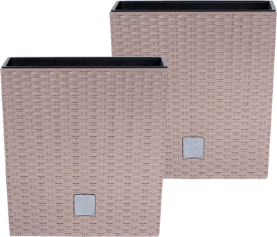 Prosperplast Bloempot/plantenpot Rato - 2x - rotan look - met binnenpot - taupe - 20 x 20 x 20 cm - kunststof