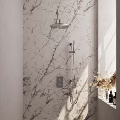 Brauer Brushed Edition thermostatische inbouw regendouche 3-weg omstelling SET 40 met 30 cm douchekop en gebogen muurarm en staaf handdouche en doucheslang en geïntegreerde glijstang RVS geborsteld PVD