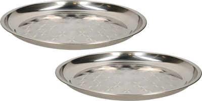 B- 2x -Home serveerschaal/dienblad - plat - rond - zilver - rvs - dia 30 cm - voedsel serveren tray
