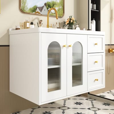 STILVORA Badkamerkast - Wandhangend Met Keramische Wastafel En 2 Laden - Voor Badkamer - MDF - 80 Cm - Wit