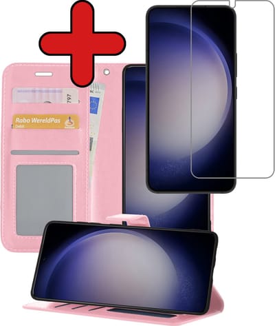 Hoesje - Met Screenprotector - Geschikt voor Samsung Galaxy S23 - Luxe Pasjeshouder - Flipcase - Bookcase Portemonee - Flip Case - Kunstleer Book Case - Book Cover - Walletcase - Portemonneehoes - Telefoonhoes - Lichtroze