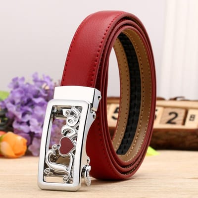 Dames Echte Leren Riem Casual en Veelzijdig Dubbelzijdig Twee Laags Rundleer Lychee Patroon Automatische Gesp Riem 100-125cm brown