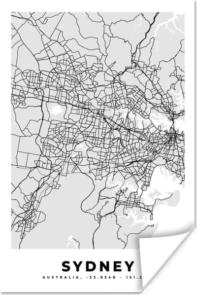 Poster Sydney - Stadskaart - Plattegrond - Zwart Wit - Kaart - 120x180 cm XXL