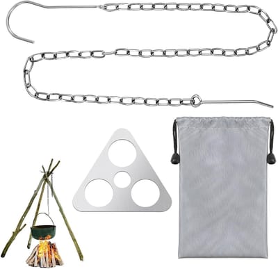 Allecto Plus - Driepoot ring met kettinghaak van roestvrij staal voor kampvuurstatief - Verstelbare ketting - Draagbaar kookketel statief met Goulashketel - Vuurplaats accessoire - Outdoor koken - 90 cm - Zwart