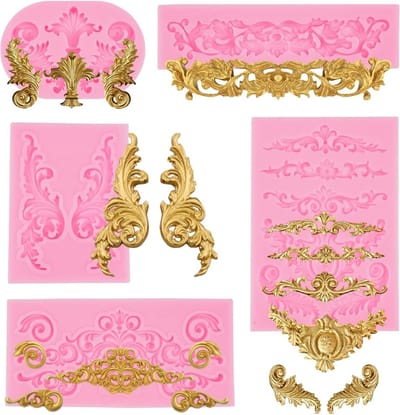 5-delige Barok Fondant Mallen van Silicoon voor Taartdecoratie, Chocolade, Fudge en Zeep - 3D Vintage Vorm, Bloem- en Kruidmotieven, Perfect voor Desserts en Creatieve Bakprojecten