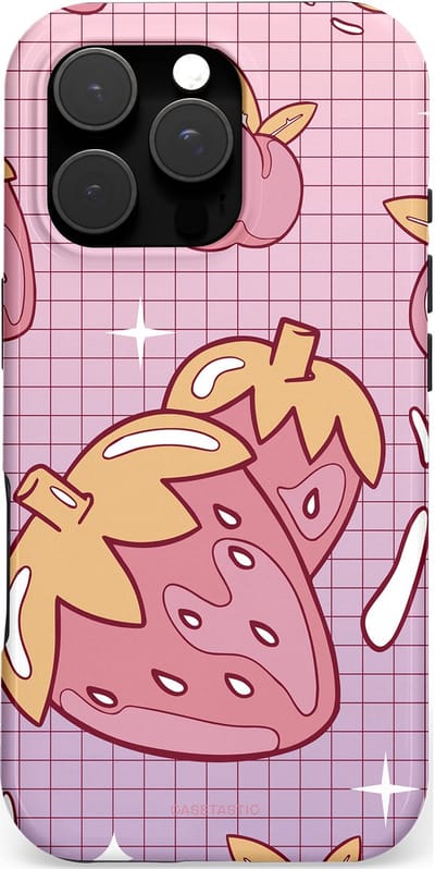 Casetastic hoesje geschikt voor Apple iPhone 16 Pro - MagSafe - Dubbellaagse bescherming - Zoete aardbeien raster - Fashion Case - Lichtroze Lila Perzik Koraal