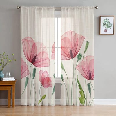 Klaproos Plant Raam Tule Gordijnen voor Woonkamer Slaapkamer Hotel Luxe Decoratie Transparant 135W x 160H(cm)