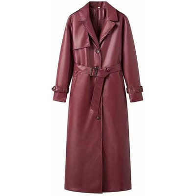 Damesmode met Riem PU Rood Enkelrijig Trenchcoat Vintage Reverskraag Lange Mouwen Vrouwelijke Chic Dames Outfits L