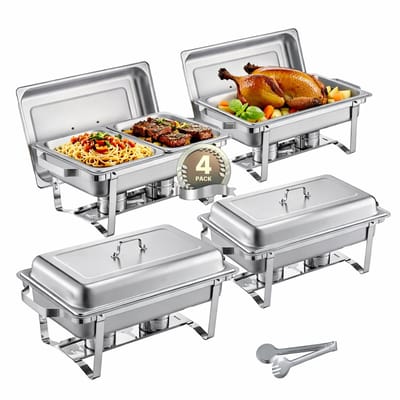 Jessi Store - Buffetwarmer - Set van 4 - Chafing dish - Warmhoudbakken - Warmhouders - 7,5L per schaal - Zilver - 59x36x28cm