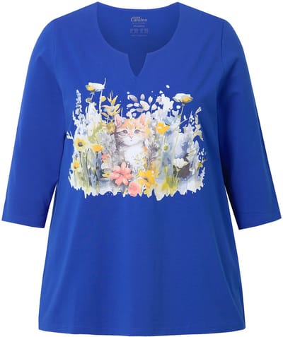 Ulla Popken - Dames - Shirt bloemen A-lijn tuniekhals 3/4-mouwen - Koningsblauw - Maat 46+