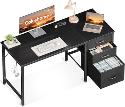 Hoekbureau L-vorm - Computerbureau met 4 Laden en Opbergruimte - Omkeerbaar Werkbureau met PC-vak - Compact Bureau voor Thuiswerken, Studie en Gaming - Schrijfbureau - Hoektafel - Zwart