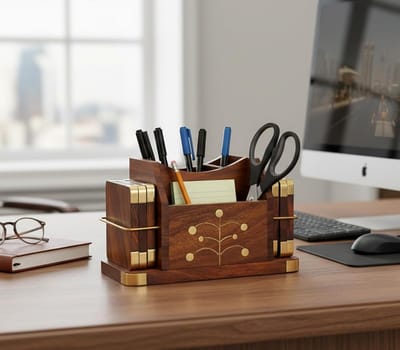 Omgoods - Houten Bureau Organizer met Messing Afwerking - Multifunctionele Onderzetter voor Kantoor