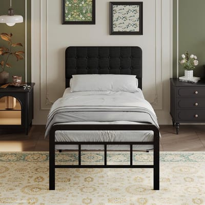 Metalen Bedframe - Gestoffeerd Hoofdeinde - Slaapkamer Inrichting - Geluidsvrij Ontwerp - 90 x 200 cm - Zwart