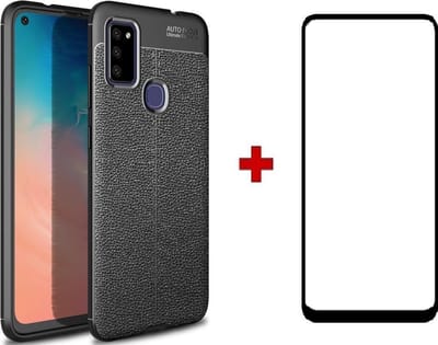 Silicone Leatherlook TPU gel zwart hoesje Telefoonhoesje geschikt voor Samsung Galaxy M51 met (full cover) glas screenprotector