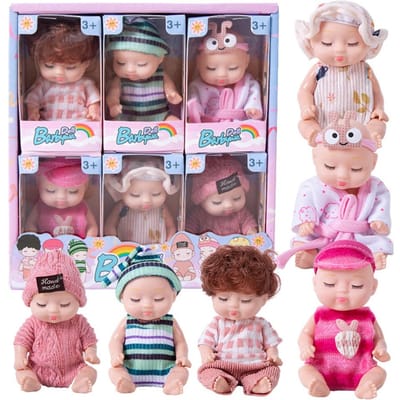 6 Stuks Reborn Pop Speelgoed Set, Simulatie Prinses Poppen Speelgoed, Mini Schattige Slapende Baby met Kleding Accessoires, Verjaardagscadeau voor Kind white