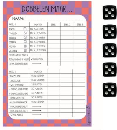 Dobbelblok met dobbelstenen - Yahtzee scoreblok - gedessineerd - zwarte dobbelstenen - ruit