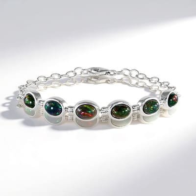 Cavill - Zilveren Armband - 925 Sterling Zilver Platina Geplateerd - 6 Mezezo Opaal Ovaal Cabochon 3 138 ct - Verstelbaar 19 cm - Luxe Dames Sieraad