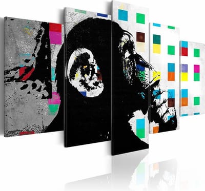 Schilderij - De denkende Aap - Banksy  , 5 luik ,   multi kleur