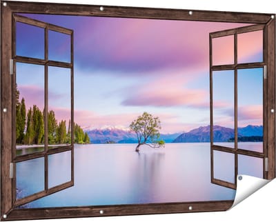 Gards Tuinposter Doorkijk Wanaka Boom in het Water bij Zonsopgang - 150x100 cm - Tuindoek - Tuindecoratie - Wanddecoratie buiten - Tuinschilderij