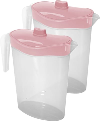Waterkan/sapkan met afsluitbare deksel in lichtroze - 2x - 1,5 liter - kunststof - 9 x 21 cm - Compact formaat voor in koelkastdeur