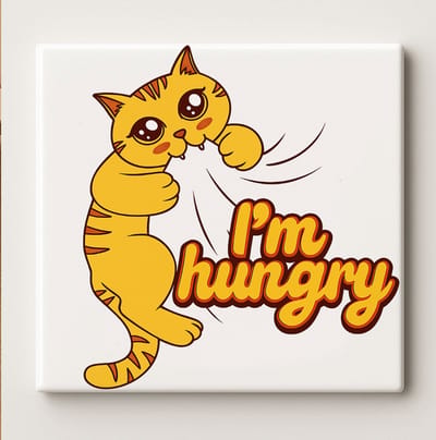 Grappige Kat Quote Decoratieve Tegel 15x15 cm – “I’m Hungry” Schattige Cartoon Kat – Speelse Wand- & Woondecoratie Cadeau