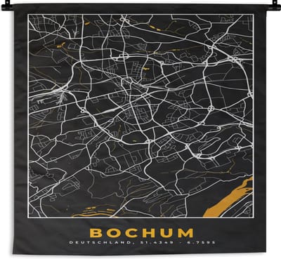 Wandkleed - Wanddoek - Bochum - Stadskaart - Plattegrond - Kaart - Goud - Duitsland - 180x180 cm - Wandtapijt