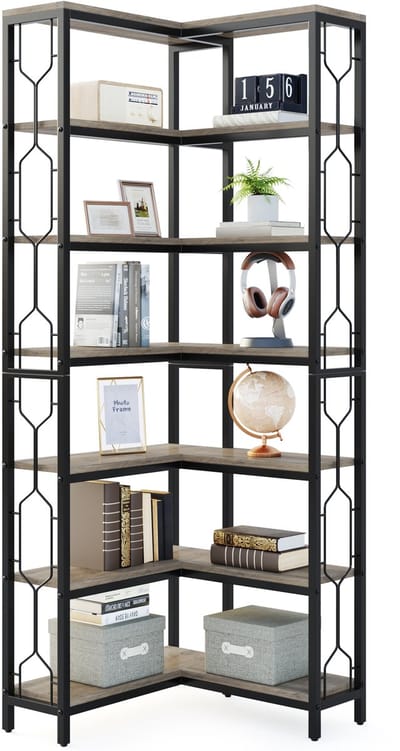 Tribesigns - Boekenkast - Hoek Boekenkast met 7 Planken - Industrieel - MDF/Metaal - Grijs - 60 x 60 x 200 cm