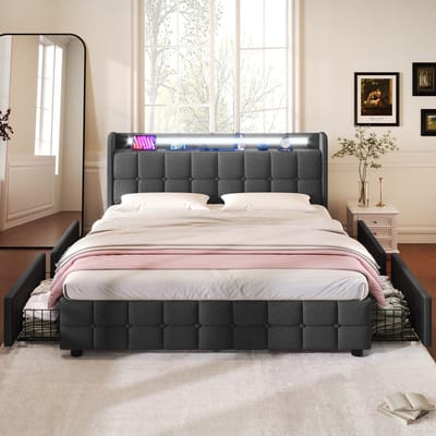 VVBV Gestoffeerd Opbergbed 180x200 cm - LED-Verlichting, USB-C Laadstation, 4 Lades, Opbergruimte - Hout Grijs Zonder Matras
