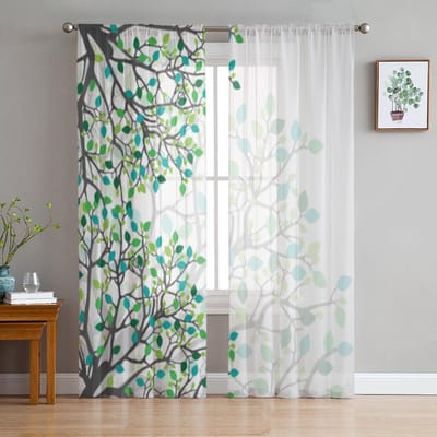 Abstracte Natuur Groen Blad Transparante Gordijnen voor Woonkamer Transparant Tule Raamgordijn Slaapkamer Keuken Decor Sluier Drapes 135W x 114H(cm)